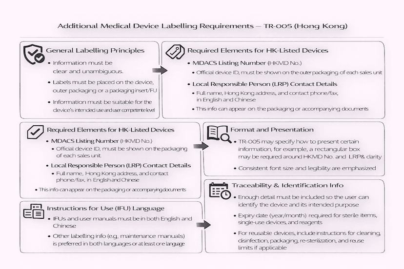 Infographic: Additional Medical Device Labelling Requirements – TR-005 (Hong Kong). Covers general principles (clear, suitable info), required elements (MDACS No., LRP details in Eng/Chi), format, IFU language (bilingual), traceability (expiry, reprocessing instructions).