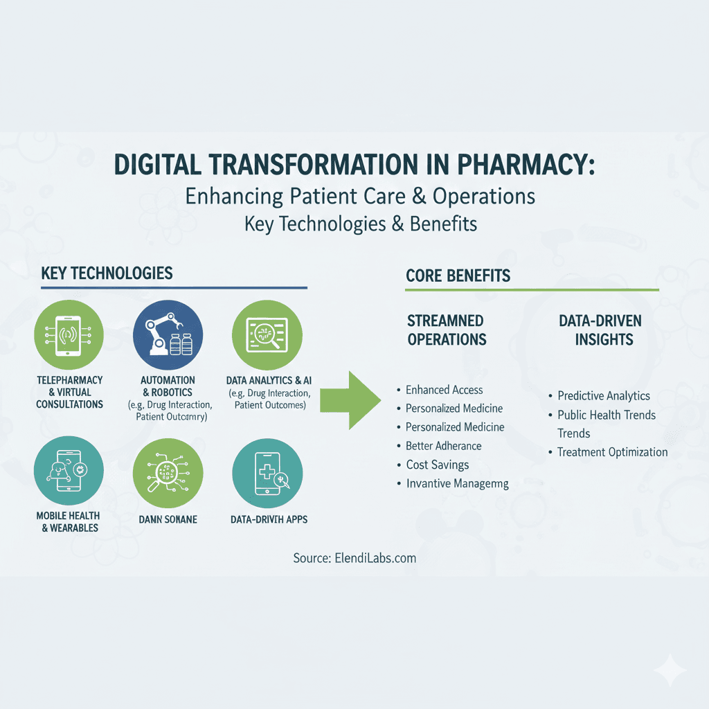 Infographic on digital transformation in pharmacy: key technologies including telepharmacy, automation & robotics, data analytics & AI, mobile health & wearables, and data-driven apps lead to streamlined operations (enhanced access, personalized medicine, better adherence, cost savings) and data-driven insights (predictive analytics, public health trends, treatment optimization)