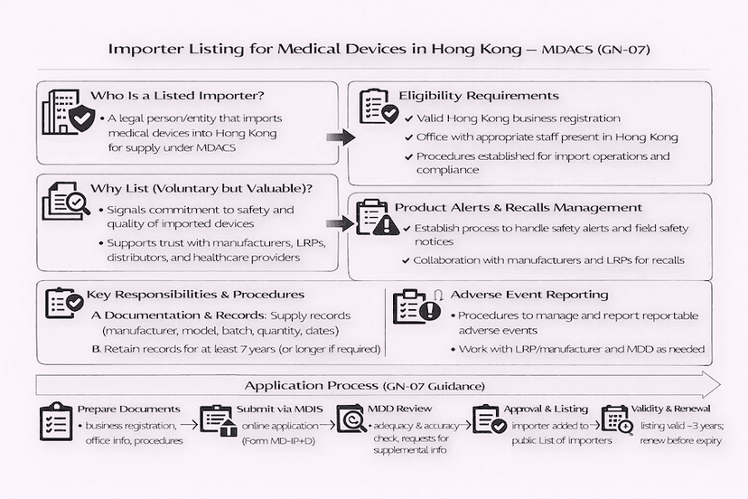 Infographic: Importer Listing for Medical Devices in Hong Kong – MDACS (GN-07). Defines listed importer, eligibility (HK business reg, office, procedures), benefits (voluntary but valuable), responsibilities (records, alerts, adverse events), application process via MDIS (3-year validity).