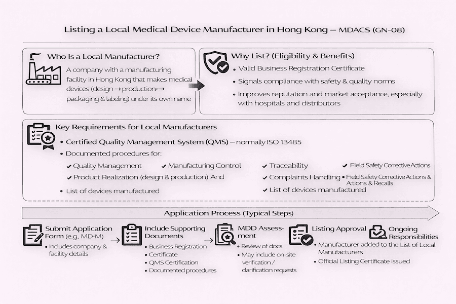 Infographic: Listing a Local Medical Device Manufacturer in Hong Kong – MDACS (GN-08). Defines local manufacturer, eligibility/benefits (QMS ISO 13485, compliance signal), key requirements (procedures, traceability), application process (submit form, docs, MDD assessment, approval & certificate)