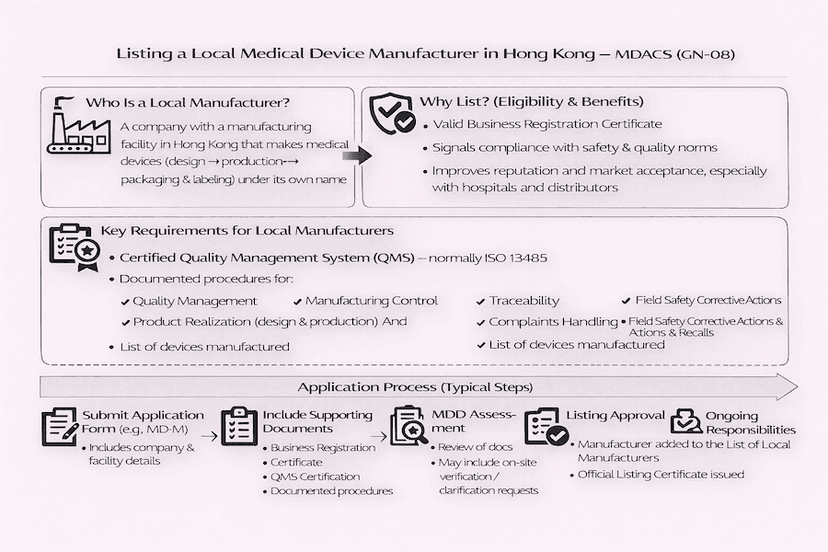 Infographic: Listing a Local Medical Device Manufacturer in Hong Kong – MDACS (GN-08). Defines local manufacturer, eligibility/benefits (QMS ISO 13485, compliance signal), key requirements (procedures, traceability), application process (submit form, docs, MDD assessment, approval & certificate)