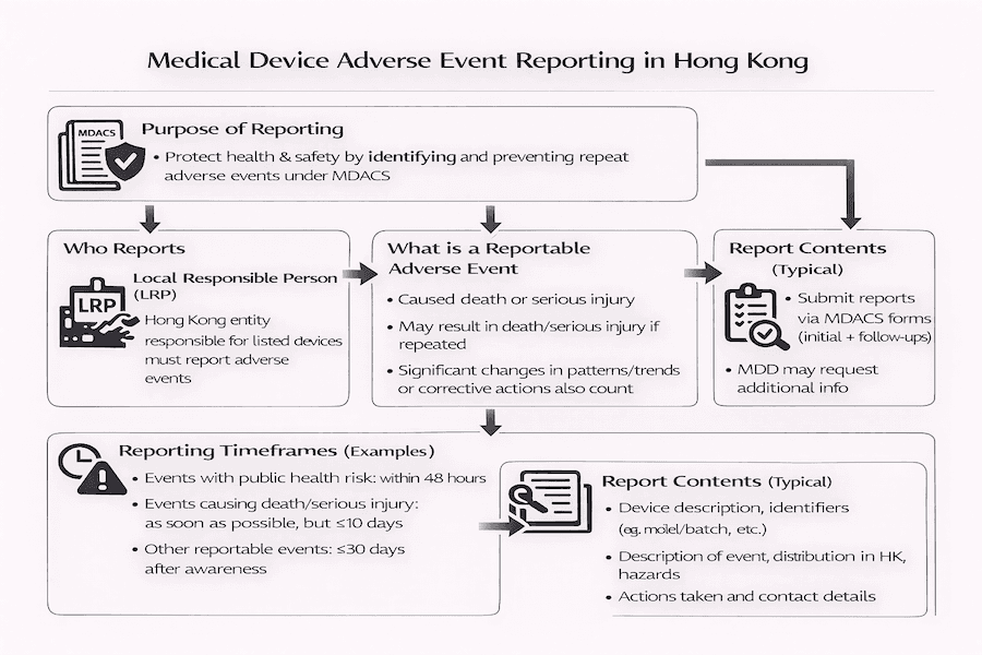 Infographic: Medical Device Adverse Event Reporting in Hong Kong. Purpose: Protect health under MDACS. Who: Local Responsible Person (LRP). What: Death/serious injury events, trends. Timeframes: 48 hrs (public risk), ≤10/30 days. Contents: Device/event details, actions.