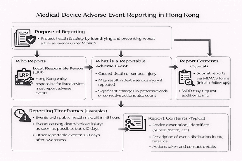 Infographic: Listing IVD Medical Devices (IVDMDs) in Hong Kong – MDACS (GN-06). Risk-based classes A-D (A generally not listed), requires Local Responsible Person (LRP), dossier submission via MDIS, MDD review, listing number issuance, post-market vigilance.