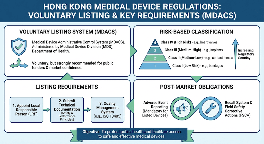 Infographic: Hong Kong Medical Device Regulations (MDACS). Voluntary listing system, risk-based classification (Class I-IV), listing requirements (LRP, technical docs, QMS), post-market obligations (adverse events, recalls). Objective: Public health protection.