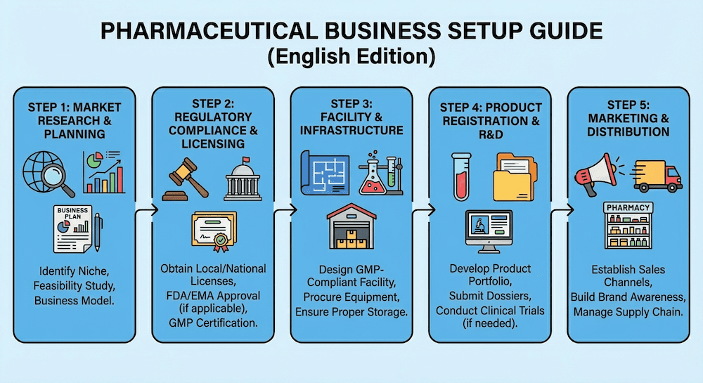 Infographic: Pharmaceutical Business Setup Guide (English Edition). 5 steps: 1. Market Research & Planning; 2. Regulatory Compliance & Licensing; 3. Facility & Infrastructure; 4. Product Registration & R&D; 5. Marketing & Distribution.