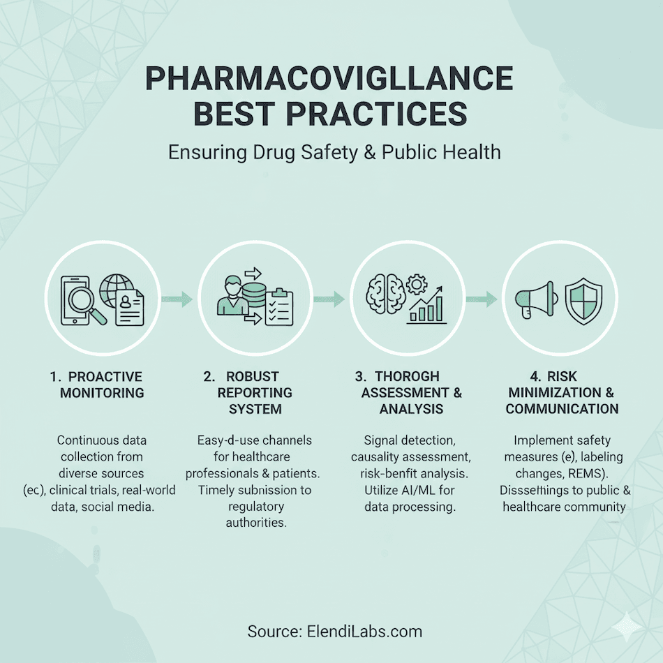 Infographic: Pharmacovigilance Best Practices. 4-step process: 1. Proactive Monitoring (diverse data sources); 2. Robust Reporting; 3. Thorough Assessment & Analysis (AI/ML); 4. Risk Minimization & Communication