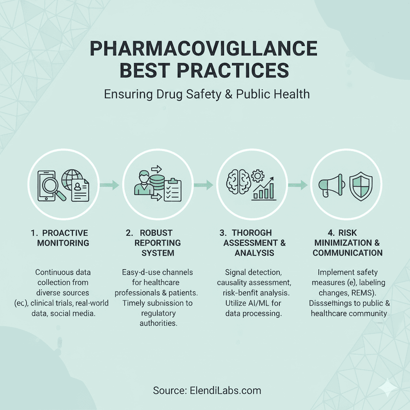 Infographic: Pharmacovigilance Best Practices. 4-step process: 1. Proactive Monitoring (diverse data sources); 2. Robust Reporting; 3. Thorough Assessment & Analysis (AI/ML); 4. Risk Minimization & Communication