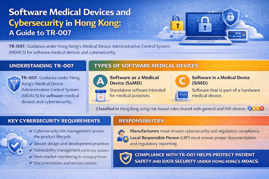 Infographic: Software Medical Devices & Cybersecurity in Hong Kong – Guide to TR-007 (MDACS). Covers TR-007 overview, types (SaMD standalone, SiMD in hardware), cybersecurity requirements (risk management, updates, monitoring), responsibilities (manufacturers/LRP), and patient safety benefits.