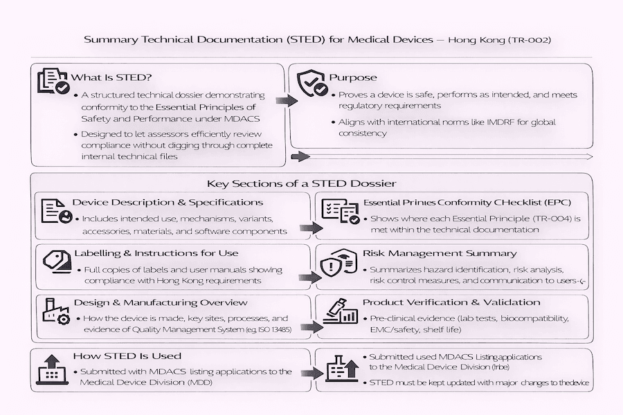 Infographic: Summary Technical Documentation (STED) for Medical Devices – Hong Kong (TR-002). Structured dossier proving safety/performance conformity. Key sections: Device Description, Labelling/IFU, Design/Manufacturing, Risk Management, EPC Checklist, Verification/Validation. Submitted to MDD for MDACS listing.