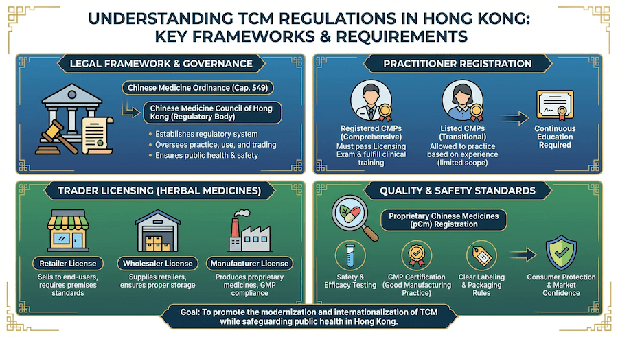 Infographic: Understanding TCM Regulations in Hong Kong. Covers Legal Framework (Chinese Medicine Ordinance), Practitioner Registration, Trader Licensing (retail/wholesale/manufacturer), and Quality & Safety Standards (pCm Registration). Goal: Modernization & public health safety.